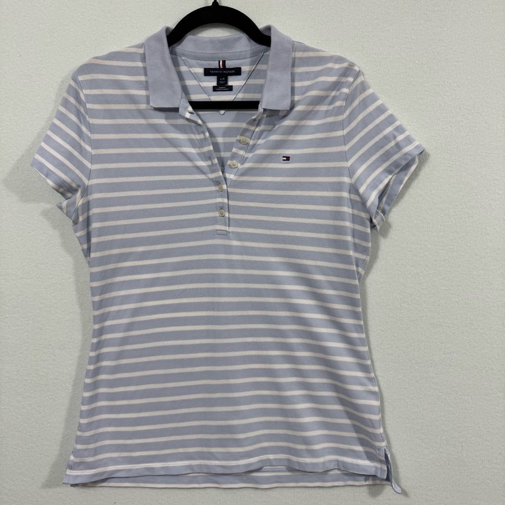 Tommy Hilfiger Women's Slim Fit Baby Blue Striped Stretch Cotton Polo Shirt Sz L